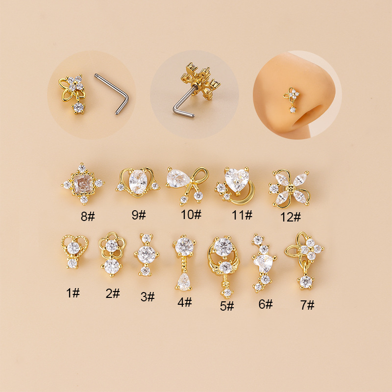 Body Jewelry Nose Ring - 20G L-Shaped Cubic Zircon Nose Stud,