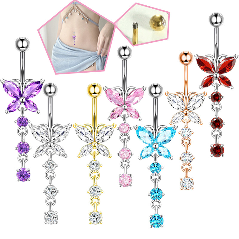 Body Jewelry Belly Button Rings - 14GA Golden Butterfly with Dangling Flower